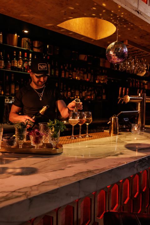 Behind the bar at Flamingo Cocktail Club